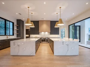 image of new hardwood floor in an upscale kitchen with two islands
